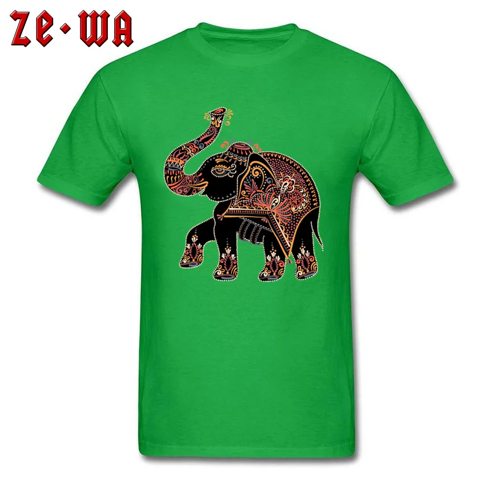 elephant folk art Tshirts Short Sleeve Geek Fitted Mens Summer Autumn Tops Shirt Geek Tops Shirt Round Neck Cotton elephant folk art green