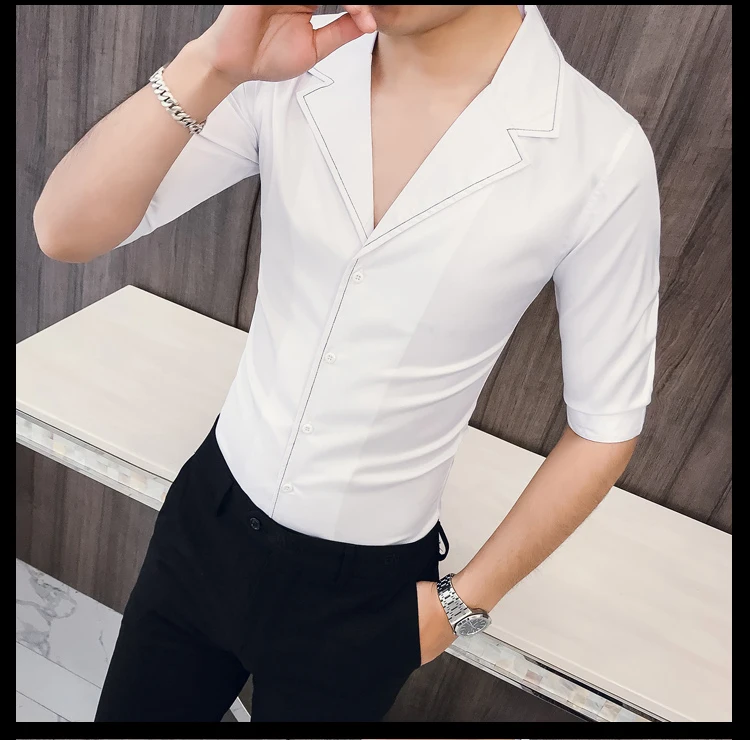 Solid Color Seven-quarter Sleeve Shirt Man Kemeja Pria Camisa Masculina Suit Collar Casual Style Half Sleeve Mens Camisa Hombre