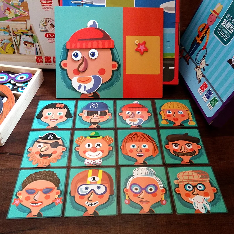 Монтессори игрушки магнитная доска дети juguetes 2 в 1 3D Магнитные пазлы лицо и доска для рисования Развивающие деревянные игрушки для детей