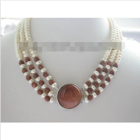 

FREE SHIPPING>>>@@ > beautiful!3rows Natural White Pearl&Aventurine NecklaceNoble style Natural Fine jewe fast SHIPPING