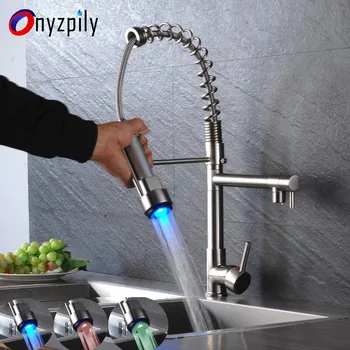 

Chrome Spring led Pull Down Kitchen Faucet Dual Spouts 360 Swivel Handheld Shower Kitchen Mixer Crane Hot Cold 2 Outlet Taps