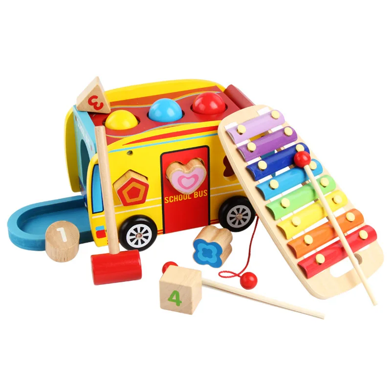 

Multi function Drawable School Bus model building blocks Xylophone knocking Ball Game Set Baby Wooden Car Block Toys Montessori