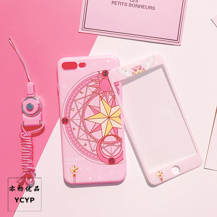 Чехол для iphone 8 8 plus Cardcaptor Sakura+ пленка для экрана из закаленного стекла, розовый чехол для iphone 6 6 S plus 7 7 plus X+ пленка - Цвет: As shown