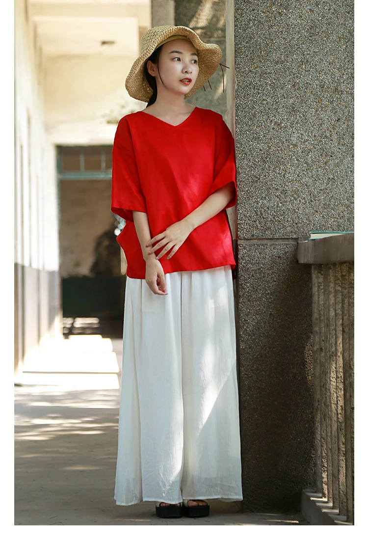 LZJN Women Tops and Blouses 2019 Summer V Neck Short Sleeve Linen Shirt Casual Loose Work Blouse RetroTop Plus Size Blusas (9)