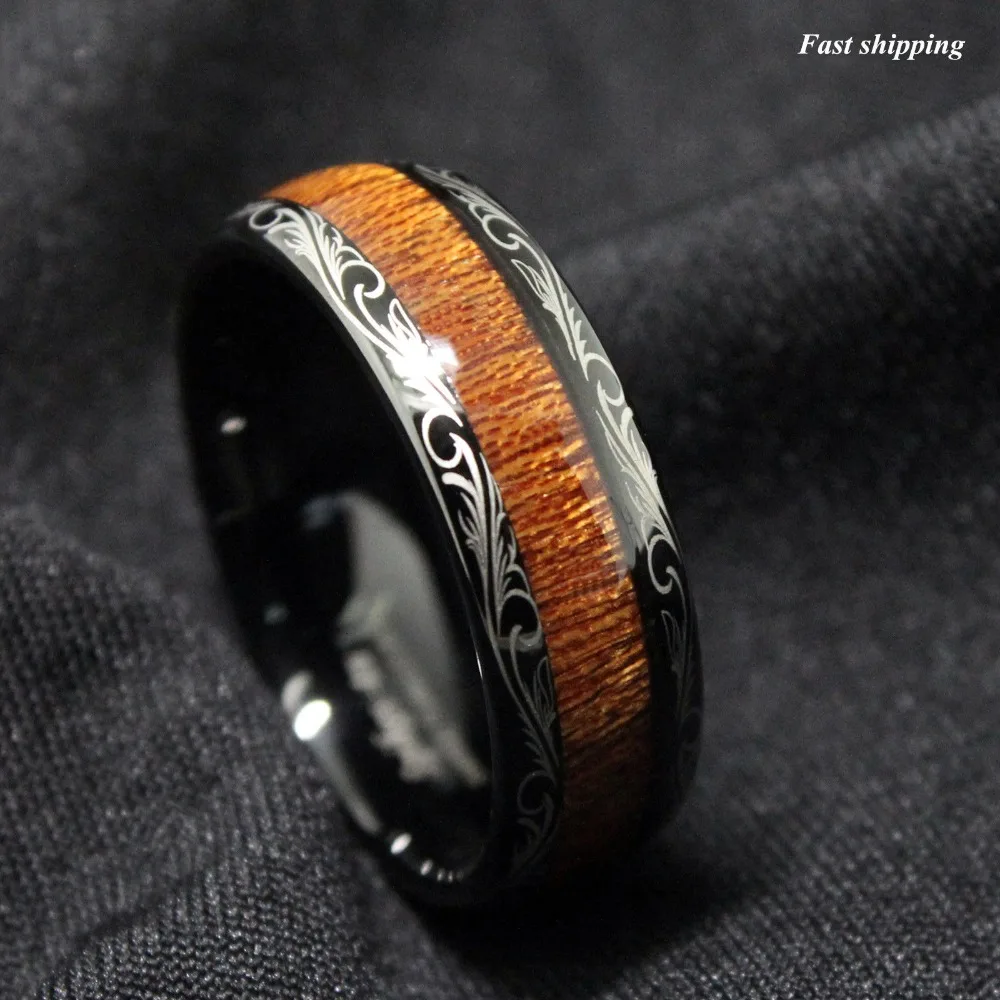 8 мм черное кольцо из карбида вольфрама Koa деревянная инкрустация куполом соответствующие обручальные кольца мужские ювелирные изделия