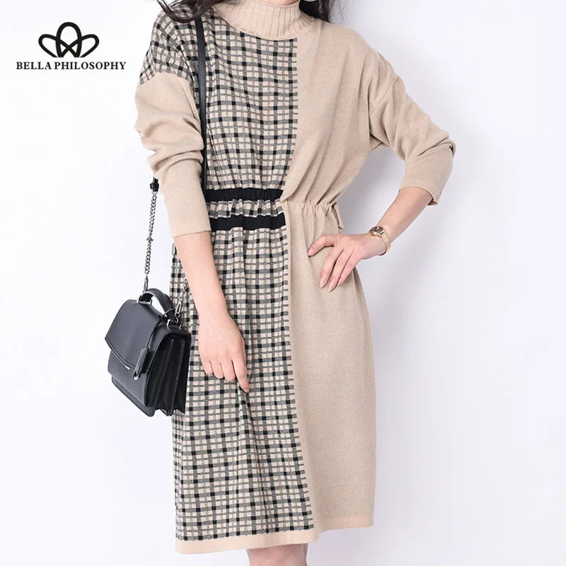 Wonder 2018 new Autumn Winter Lattice Knitted Dress Women Contrast Colour Splice Ladies Dress A-line Dress With Drawstring women