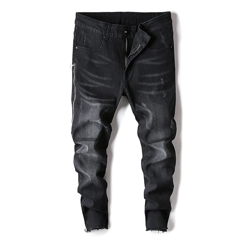 Модные дизайнерские джинсы Для мужчин прямо печатных Для мужчин s джинсы Байкер хип-хоп брюки промывают Рваные джинсы