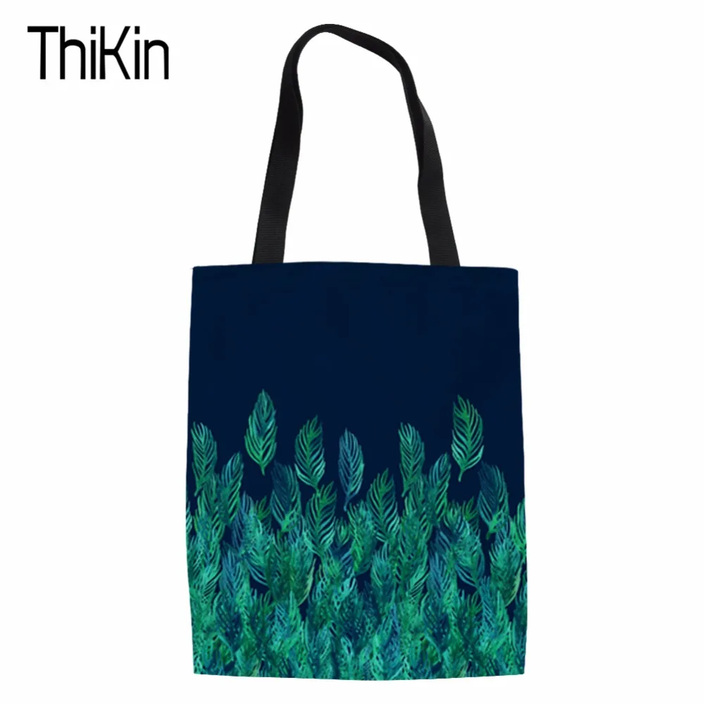 Тикин зеленые акварельные листья на темно-синей кайме Холщовая Сумка ручной работы для женщин путешествия складные длинные Наплечные сумки для шопинга