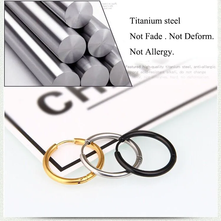 Wholesale Jewelry -- Titanium steel Men's Smooth Hoop Earrings Jewelry 10mm / 12mm / 14mm / 16mm / 18mm / 20mm 6