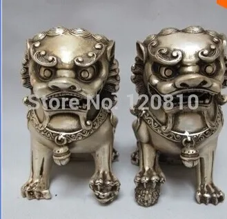 

Chinese Folk White Copper Silver Fengshui Evil Foo Dog lion Beast Statue pair