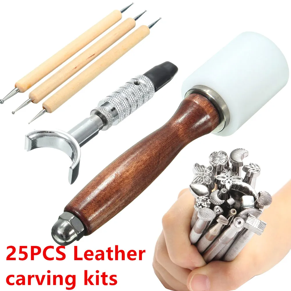 

25Pcs/Set Manual Leather Craft Stamping Carved Wooden Hammer Embossing Tools Kit Dropshipping