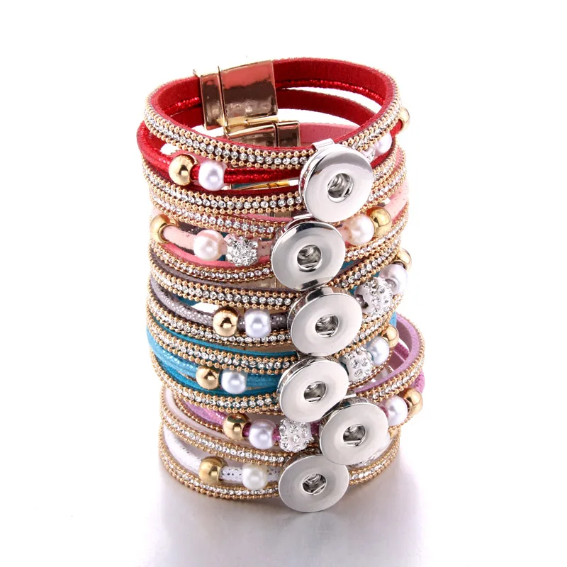 

Rhinestone Leather Snap Bracelet Bangles Vintage Leather Magnet Bracelets Watches FIt 18mm 20MM Snap Button Jewelry Bracelet