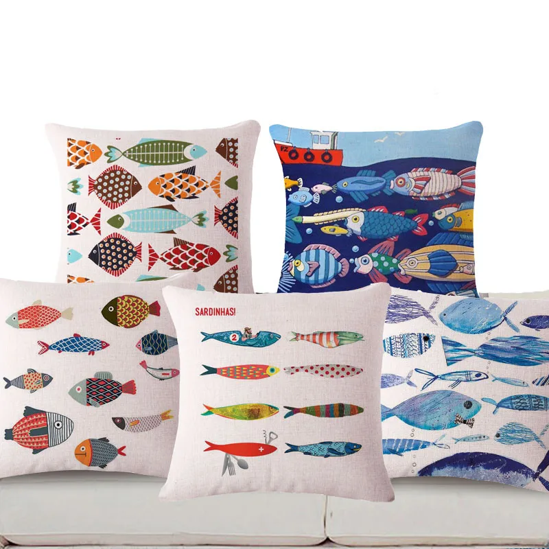 

Square 18" Many Fish Printed Vintage Cushion Covers Decorative Throw Cushions Scandinavian Decor Customized Drop Shipping