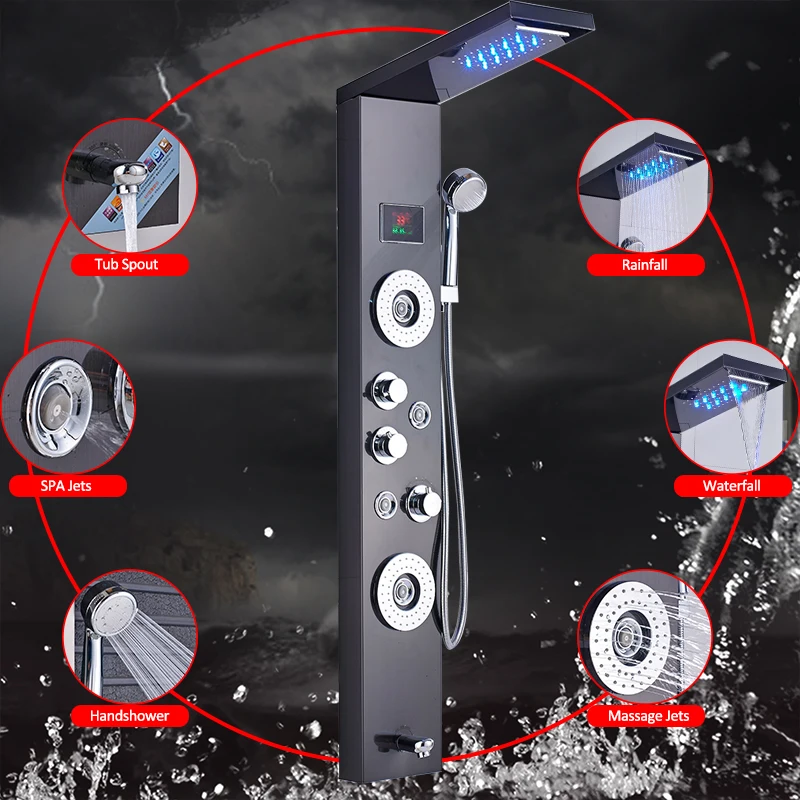 quyanre wanfan frap digital shower panel column led rainfall waterfall shower head 4pc massage spa jets digital display screen three handles mixer tap tub spout faucet bathroom shower33