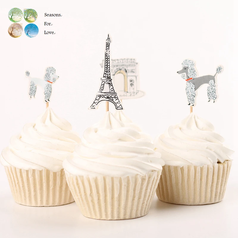 

24pcs cake toppers Paris tower Triumphal arch cartoon Poodle cute wedding decoration Birthday party decorations kids