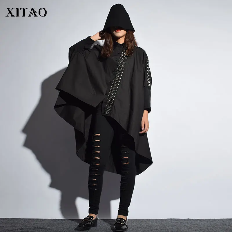 

[XITAO] Europe Street 2018 New Autumn Women Single Breasted Loose Irregular Coat Female Metal Ring Decoration Trench LJT3535
