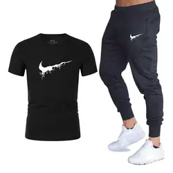 Мужские модные комплекты из двух предметов, футболки + штаны, костюм, летние топы, футболки, брендовая Футболка с принтом, высокое качество