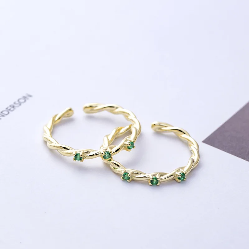 weave golden ring green mini cz ring 100% Sterling 925 silver Jewelry Vintage Adjustable rings for women gift free size