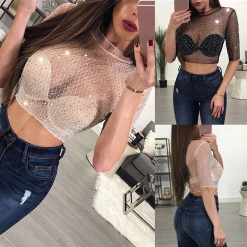 

Ladies Summer Crop Top Women Half Sleeve Tee Shirt Sexy Mesh Hot Drilling Transparent T-shirt