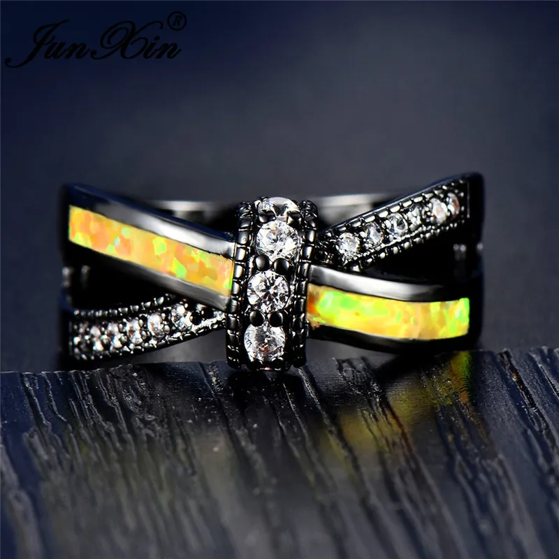 JUNXIN Wholesale Rainbow Fire Opal Rings For Women Men Black Gold Filled Green Blue White Opals Red Purple Zircon Crossed Ring