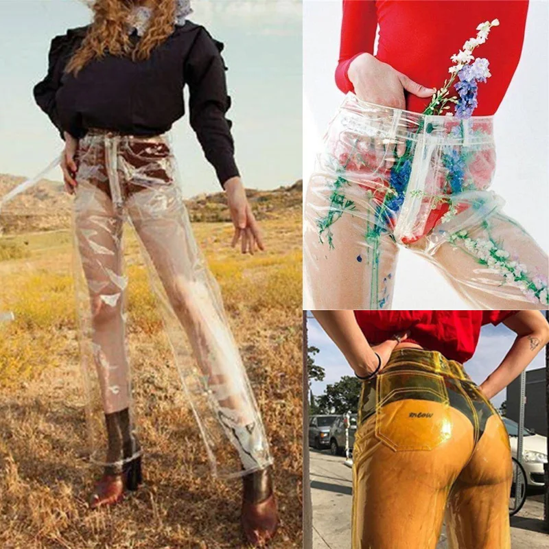 Женские свободные брюки с высокой талией, водонепроницаемые, прозрачные, ПВХ пластиковые обтягивающие штаны, свободные длинные брюки