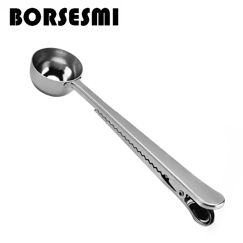 

Hot sale stainless steel coffee spoon with clips Multifunction coffee tea measuring scoop kitchen gadgets tool fruit spoon 175mm