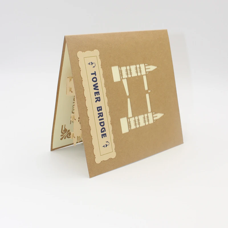  3D Laser Cut Handmade Retro Cover Double Color London Tower Bridge Paper Invitation Greeting Cards  - 33014494081