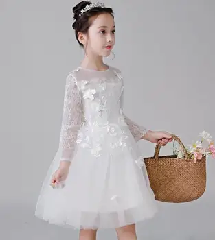

2018 High Quality Handmade Lace White Girl Dress With Flowers With appliques Children Dress Boutique full sleeve Kids Clothing