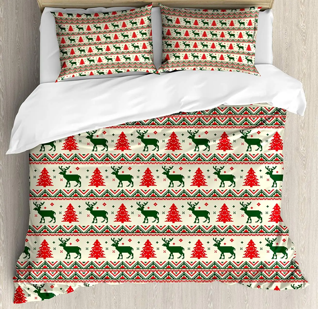 

Nordic Duvet Cover Set King Size Pixel Art Inspiration Christmas Ornamental December Reindeers Vintage Bedding Set Emerald Beige