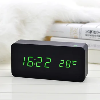 Wooden LED Alarm Clock with Temperature Sounds Control Calendar LED Display Electronic Desktop Digital Table Clocks