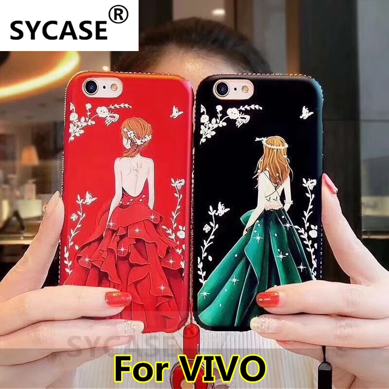SYCASE Red Painted Embossed with Diamond Phone Shell Female Model For BBK VIVO V3 V3max V5 plus V7 PlusBack Goddess |