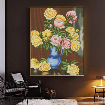 

The peony vase Flower Oil painting Style Cross Stitch set Canvas 11CT Fabric 14CT DMC Embroidery Needlework Cross-stitch Kit