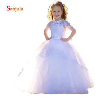 

Half Sleeve Ball Gown Flower Girls Dresses White Tulle Appliques Beaded Charming First Communion Dresses Long D104