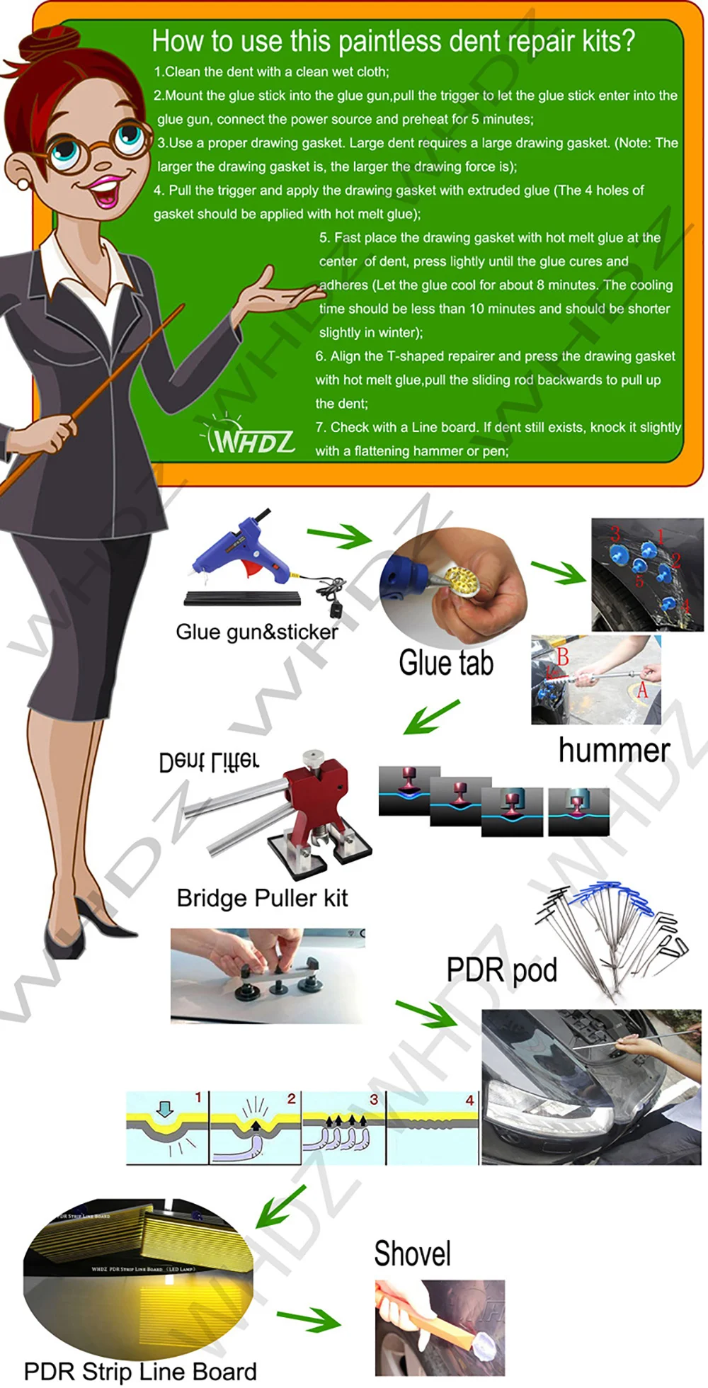 WHDZ Авто PDR инструменты paintless Дент ремонтный набор-PDR стержней Дент молоток клеевой пистолет линейная плата PDR Авторемонтные комплекты с