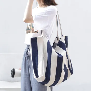 Women Canvas Large Shopping Bag Fashion Striped Cloth Reusable Tote Bag Leisure Shoulder Large Capacity Eco Shopper Bags 1