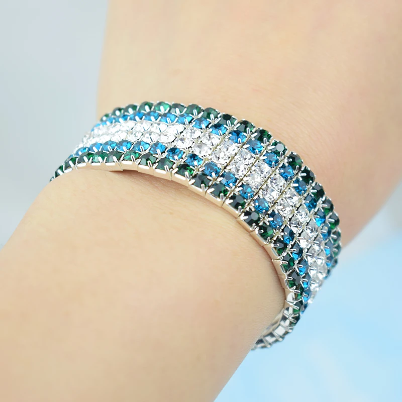 Fashion 6 Rows Full Crystal Rhinestone Elastic Bracelet Royal Blue Wide Bracelet Bling Wristband Women Wedding Bridal Jewelry 2
