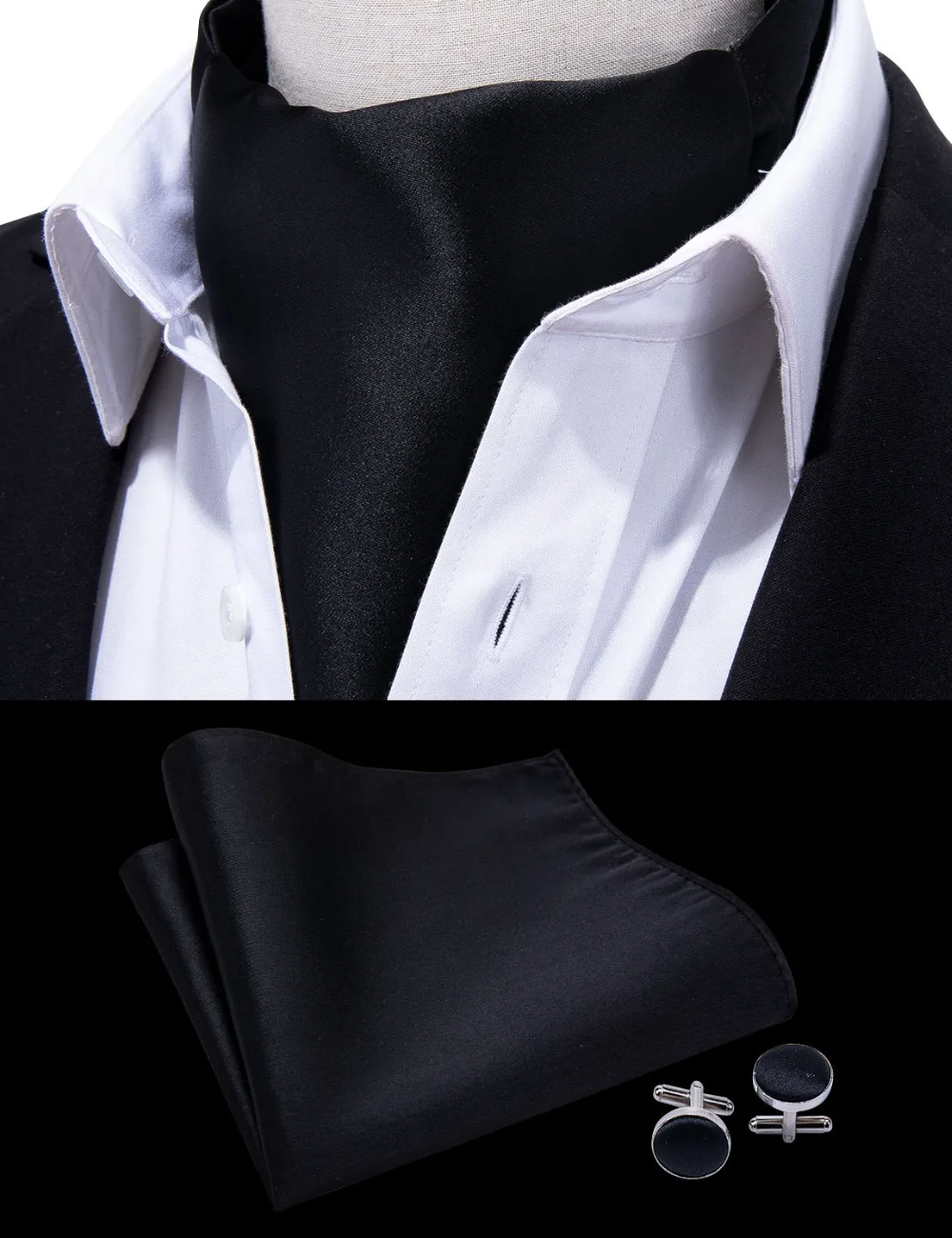 Барри. ван классический сплошной черный Для мужчин галстук платок Для мужчин запонки галстук комплект Ascot для мужской формальный деловой