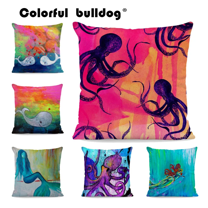 

Fantasy Ocean Cushion Case Octopus Whale Mermaid Cover Pillow 45X45Cm Velvet Decorative Children Bderoom Anchor Print Pillows
