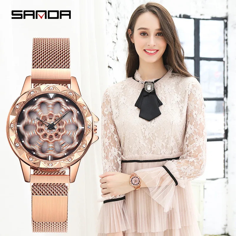 

Flowers Diamond Inlay Female Watch Magnet Clasp Rotate Dial Ladies Watch Simple Crown Alloy Case Reloj Mujer Gold Women Watches