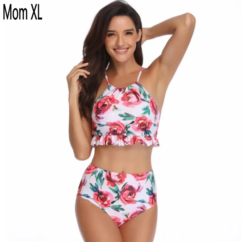 red Mom XL Комплект бикини с цветочным принтом, топ с бретельками+ Летние купальные костюмы для мамы и дочки, одинаковые Семейные купальные костюмы для малышей, пляжная одежда - Цвет: red Mom XL