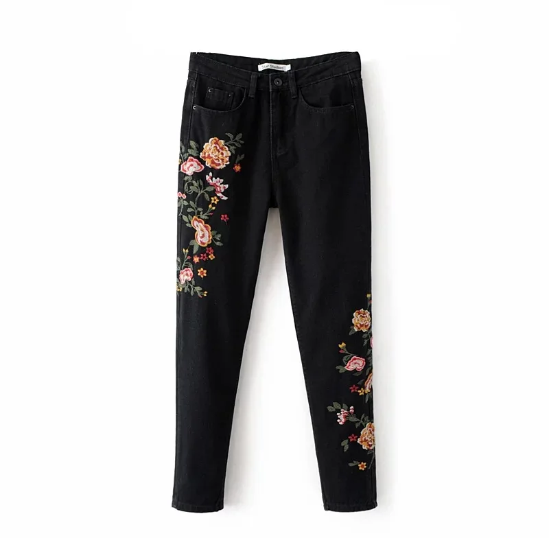 High Waist Jeans Limited Hot Sale Zipper Fly Embroidery Pencil Pants Mid Skinny 2017 Spring Womens