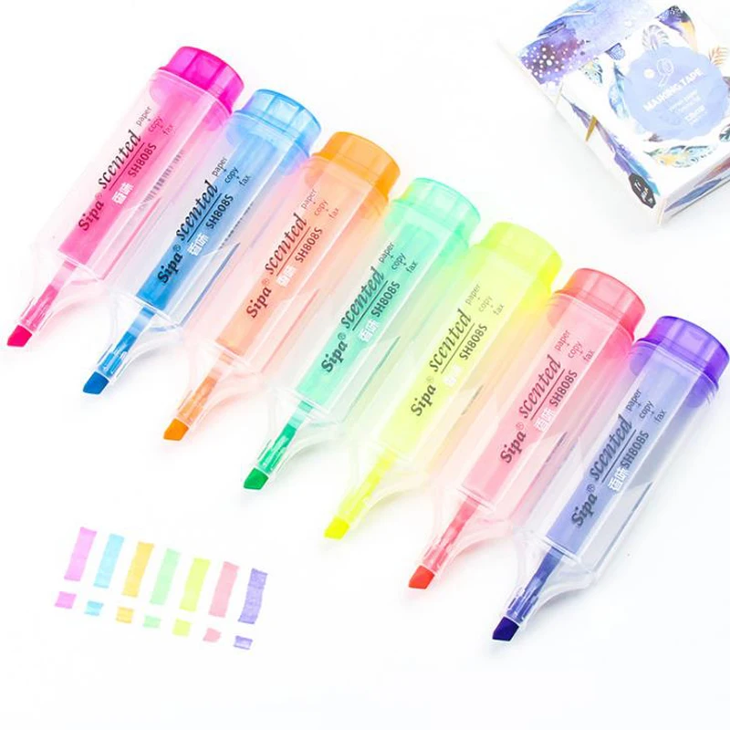 7 Pcs/set Cute Candy Color Fluorescent Highlighter Marker Pen Scented Highlighter Pens for