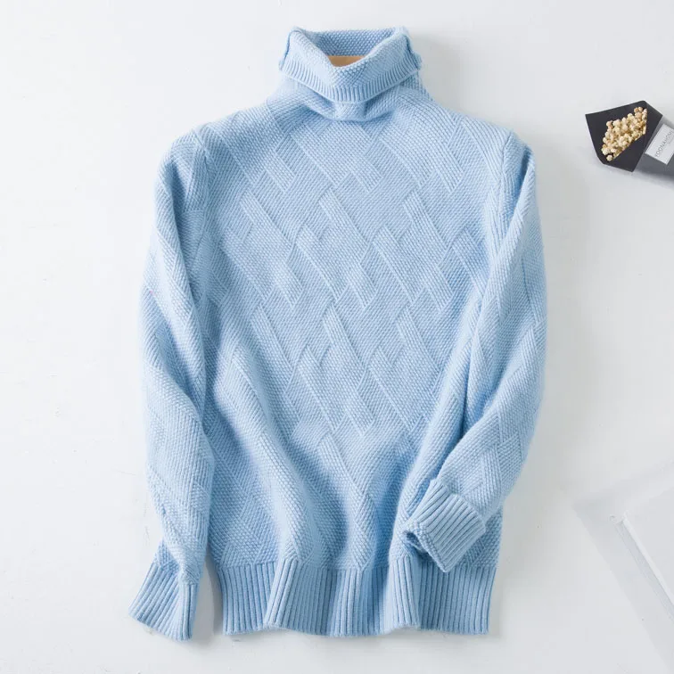 Кашемировые свитера на осень и зиму для женщин, чистый кашемир, шерсть, геометрический рисунок, вязаный свитер с высоким воротом, Повседневный свитер, нижняя рубашка - Цвет: Небесно-голубой