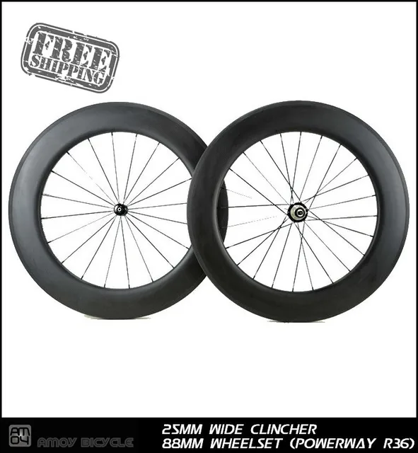 Best price at $456 Cheap Free shipping 700C 25mm wide 88mm clincher V brake carbon wheelsets with R36 carbon hub glossy or matte road bicycle wheels