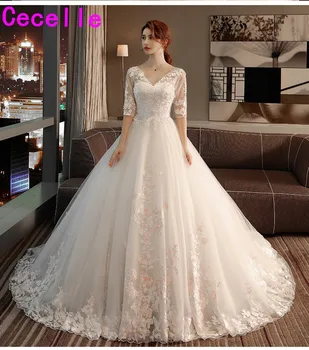 

robe de marie 2019 New Ball Gown Lace Tulle Country Wedding Dress With Half Sleeves V Neck Corset Back vestido de noiva Custom