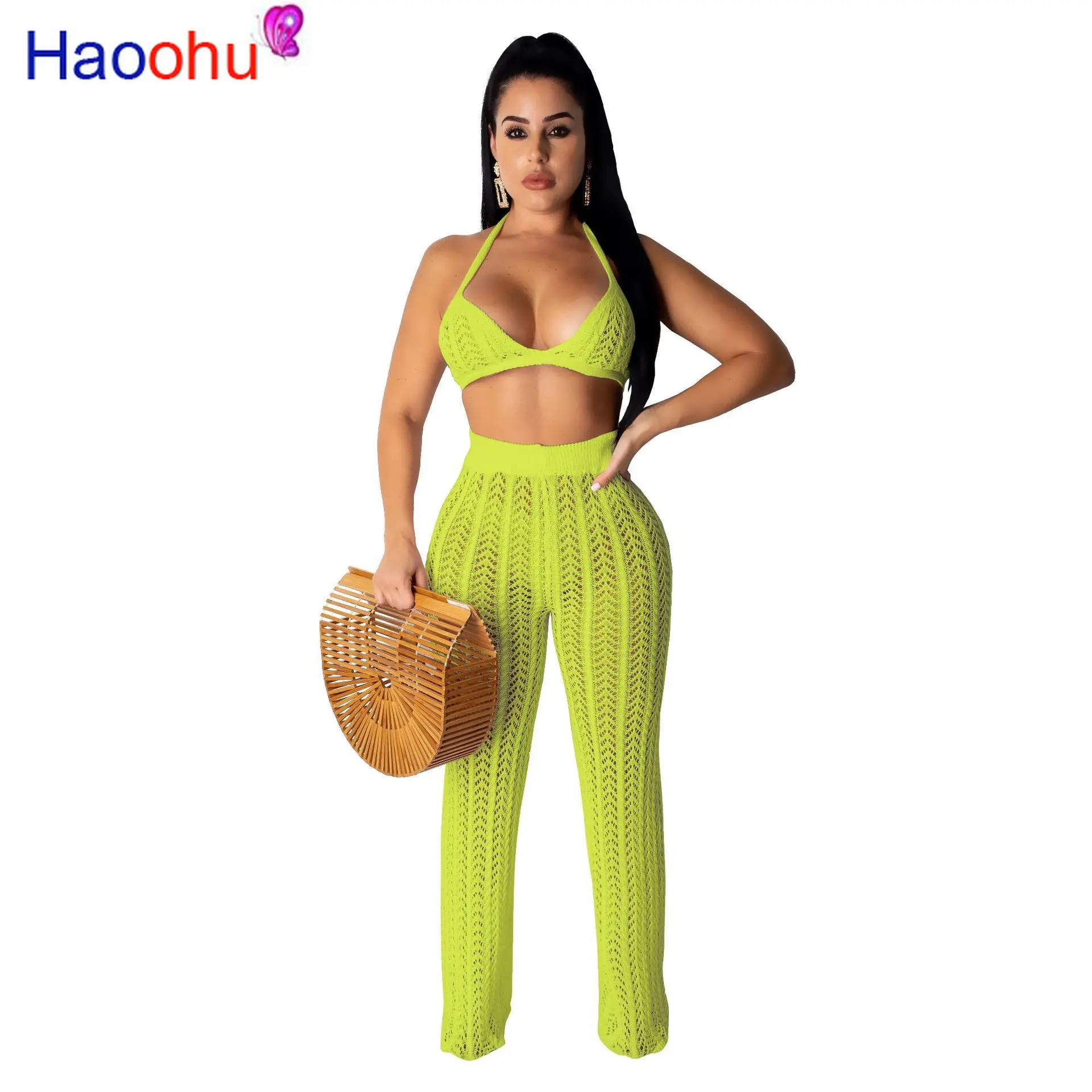Сексуальный вязаный комплект HAOOHU из двух предметов в сеточку женские прозрачные