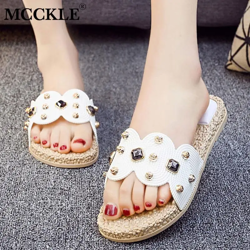

MCCKLE Summer Women Slippers Cryatal Slides Female Home Slippers Cork Platform Ladies Fashion Casual Flip Flops Flat Beach Shoes