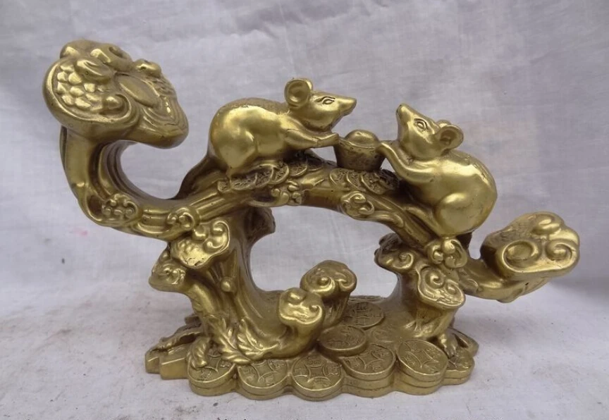

9" FengShui Chinese Pure Brass Coin YuanBao Wealth 2 Mouse Statue On Flower RuYi