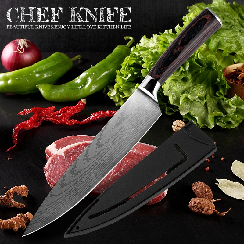 

XITUO Kitchen knife Pro Chef's Knife 8 inch Japanese 7CR17 High Carbon Stainless Steel Sanding Laser Damascus Pattern Santoku Kn