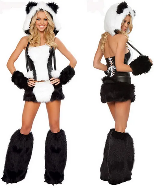 

free pp New Duluxe Black White Wolf Polar Bear Cat Frisky Halloween Cosplay Costume Outfit Fancy Dress W/ Big Tail For Woman